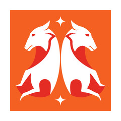 Artistic illustration depicting the zodiac sign gemini with minimalist design and orange background