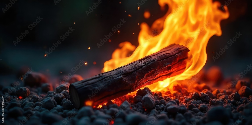 Wall mural close-up shot of vibrant, flickering flames consuming a piece of wood, leaving behind glowing embers
