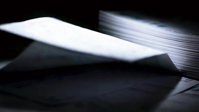 Close-up of illuminated documents with graphs and charts, surrounded by stacks of paperwork in dim light