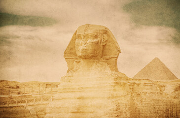 Vintage image of The Great Sphinx in Giza pyramid complex, Cairo, Egypt..