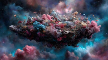 Fototapeta premium Floating island of vibrant flora in a nebula.