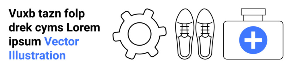 Gear icon, formal shoes, and a first aid kit emphasizing preparedness, safety, and professionalism. Ideal for work safety, medical support, productivity, resource management professional attire