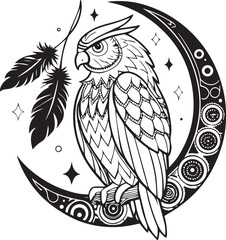 Obraz premium Beautifully detailed owl perched on an ornate crescent moon with feathers and stars. Ideal for mystical, boho, or tattoo designs.