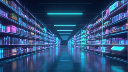 Obraz premium Abstract digital virtual warehouse with shelves of data and glowing neon lights, futuristic technology concept for business innovation, data storage solutions, and cybernetic infrastructure in cyberpu