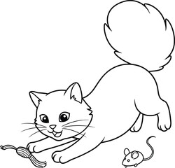 Obraz premium Playful cat lineart illustration suitable for coloring book featuring mouse and yarn ball for creative fun