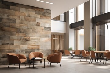 Modern, bright lobby with warm wood accents