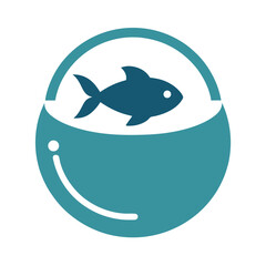 Simple icon depicting a fish inside a turquoise colored fish bowl with a white background
