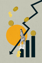 Pop vertical photo collage of inexperienced businesswoman businessman stand arrow decline dollar...