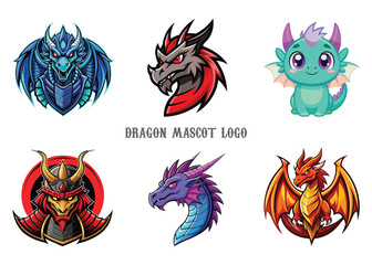 Collection of six unique dragon mascot logo designs, showcasing diverse styles from robotic and grayscale to fiery and cute; ideal for branding, gaming, esports, or creative projects, capturing fantas