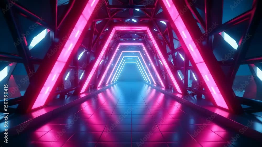 Poster an intriguing futuristic tunnel with neon pink and blue lights extending into the distance.