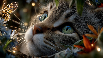 Curious Cat in a Floral Wonderland: A captivating close-up of a domestic cat with striking eyes, surrounded by vibrant flowers and a delicate butterfly, creating a sense of curiosity and wonder.