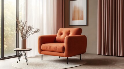 Modern burnt orange armchair in a cozy living room setting