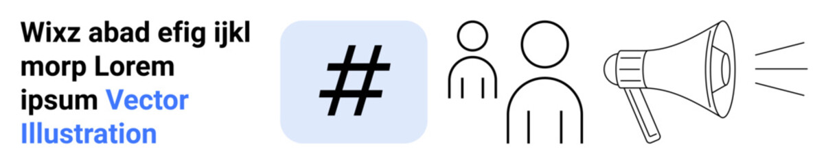 metadata tag symbol, two people icons, and megaphone highlight social media trends, audience targeting, and communication. Ideal for marketing, advertising, online networking, branding teamwork
