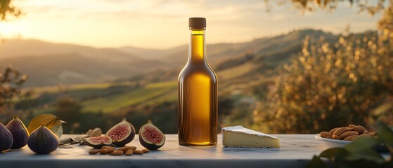 Olive Oil Bottle beside Cheese, Figs and Roasted Almonds at Sunset. Copy Space. Generative AI.