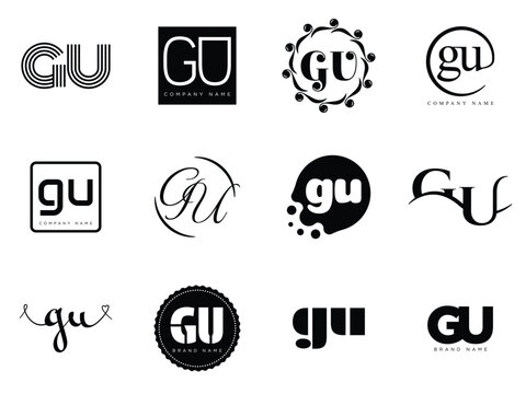 GU logo company template. Letter g and u logotype. Set different classic serif lettering and modern bold text with design elements. Initial font typography.