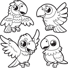 Set of lovable cartoon parrots with big round eyes and charming expressions. Ideal for children’s media, decor, and merchandise.