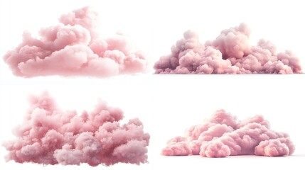 Four soft, pale pink cloud formations, isolated on white