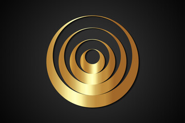Gold Abstract geometric logo, Concentric circles element, golden color rings. Luxury vector icon template, business design element isolated on black background