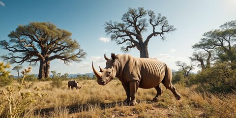 Fototapeta premium African Bush Safari: Baobab and Rhino Family