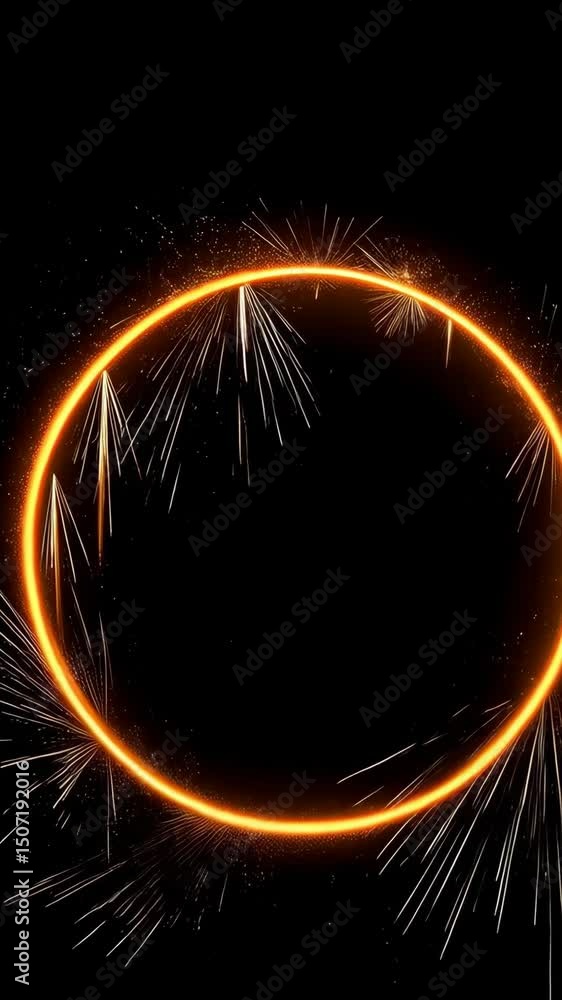 Poster illuminated gold circle with radiating sparks against a dark background creating a dynamic and abstr