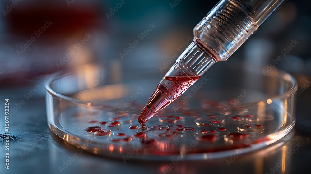 Poster adding red liquid to petri dish with dropper in lab