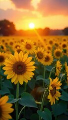 Fototapeta premium Majestic sunflower field bathed in the warm glow of sunrise, petals reaching towards the golden light A breathtaking display of nature's beauty at dawn , wildflower, stem