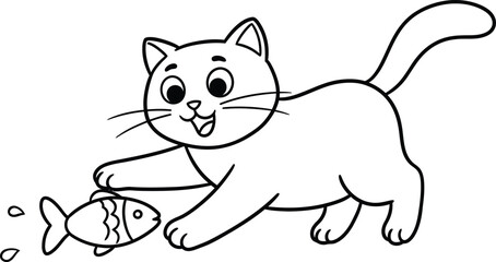 Cat playing with fish lineart illustration suitable for coloring book fun and simple animal drawing design