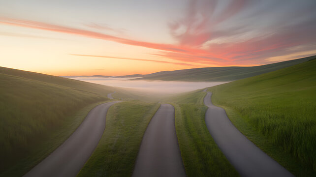 Illustration of Three Earth Roads Diverging Through a Green Valley Then Converging into One Path &ndash; Golden Sunset Light, Misty Hills, Tall Grass, and Pink-Orange Sky Creating a Peaceful Vista