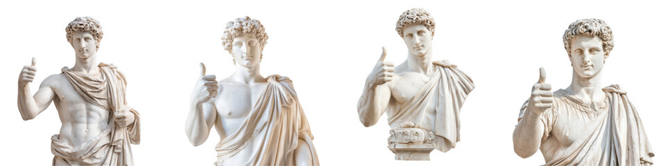 Naklejka premium Greek statue giving thumbs up, classic sculpture, detailed, isolated on Transparent PNG diecut