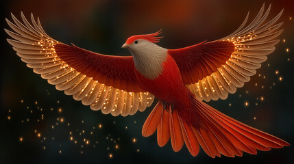 Fototapeta premium Celestial Ascent: A crimson-feathered avian soars against a dark, starlit canvas, wings outstretched in a majestic display of flight and freedom.