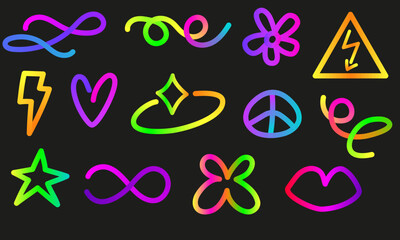 Vibrant colors y2k retro iridescent elements set. Rainbow shapes collection. Hand drawn wavy shapes. 