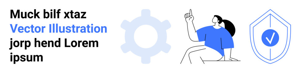 Person gesturing upward, accompanied by a gear and a shield with a checkmark. Ideal for technology, innovation, problem-solving, protection, data security, business solutions, simple landing page