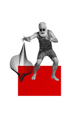 Trend artwork template design 3D collage sketch of aged man model posing glamour fashion swimsuit...