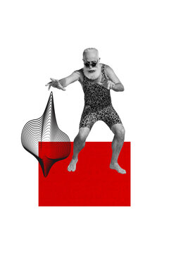 Fototapeta Trend artwork template design 3D collage sketch of aged man model posing glamour fashion swimsuit sunglass hand hold line curve figure