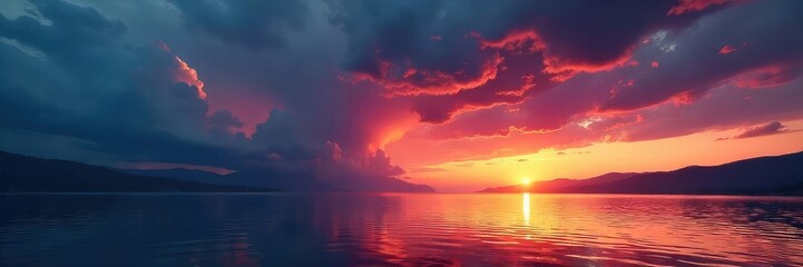 Obraz premium Dramatic stormy sky over a vast, tranquil lake at sunset Dark clouds gather, reflecting fiery orange and purple hues on the water Perfect for atmospheric backgrounds , contrast, scenic