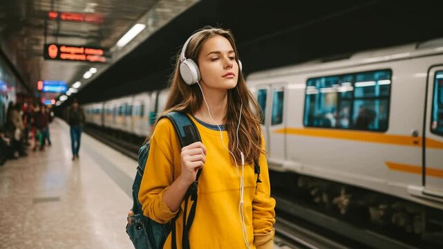 Young woman with backpack and headphones standing on subway platform listening to music near train