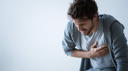 man placing one hand on his chest and another on his knee while trying to breathe