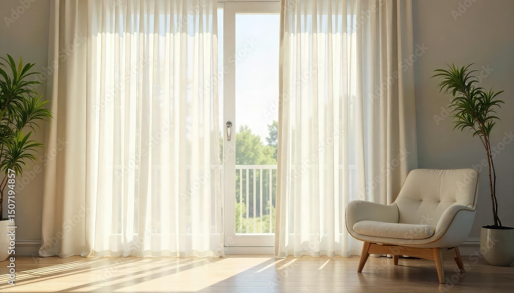 Wall mural elegant sheer window curtains gently billowing in a soft breeze, filtering sunlight into a bright ro