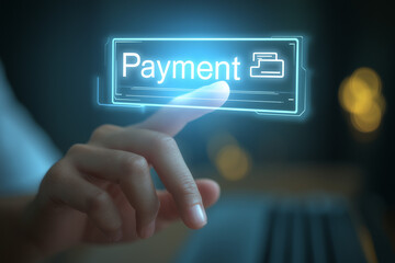 Hand Selecting Payment Option on Virtual Screen, Digital payment interface with finger touching floating button