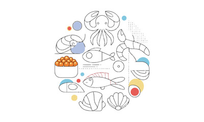 Vector illustration featuring minimalistic seafood icons in a modern line-art style, easily scalable and editable. 