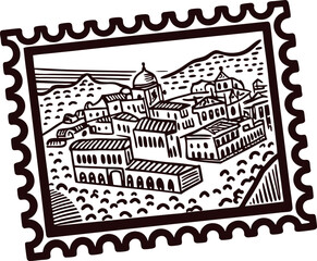 Obraz premium Vintage of historic architecture in a mountainous landscape on a postage stamp