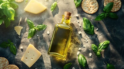 Olive Oil Bottle Framed with Fresh Basil, Cheese, and Crackers on Stone Surface. Copy Space. Generative AI.