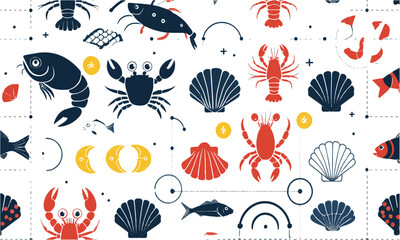 Naklejka premium Vector illustration featuring minimalistic seafood icons in a modern line-art style, easily scalable and editable. 