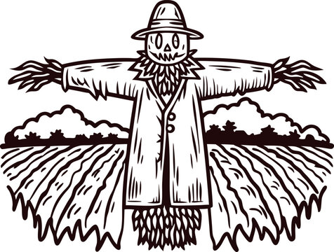 recommend clip art: Scarecrow in field guarding crops with hat and coat in rustic countryside