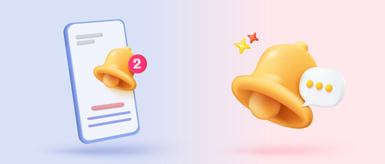 3D app icon signs with notice push alert speech bubble, online social conversation push notice, announcement blank app, chat with social media. 3d reminder buttons icons render vector illustration