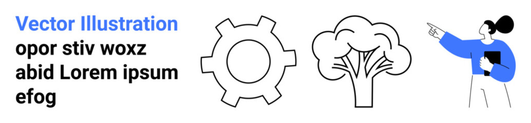 Gear icon, tree icon, and woman with clipboard pointing, symbolizing sustainability, innovation, teamwork, progress, education environment awareness. Ideal for presentations simple landing page