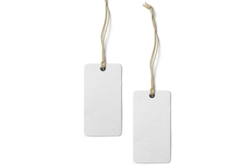 White blank price label tag isolated on white background, front view clothing label mockup with copy space, real close-up picture	