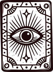 Mystical eye on ornate tarot card design with geometric patterns and celestial symbols in black and white