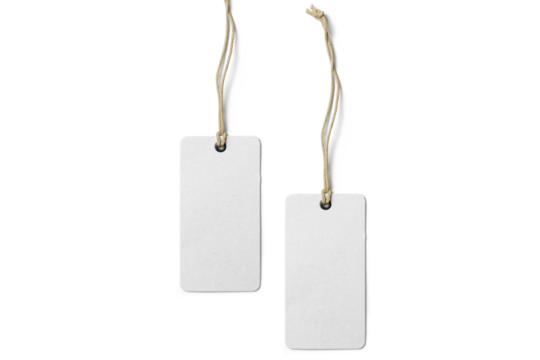 White blank price label tag isolated on white background, front view clothing label mockup with copy space, real close-up picture	