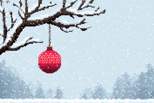 Snow-covered winter landscape with red ornament hanging from tree branch in serene atmosphere